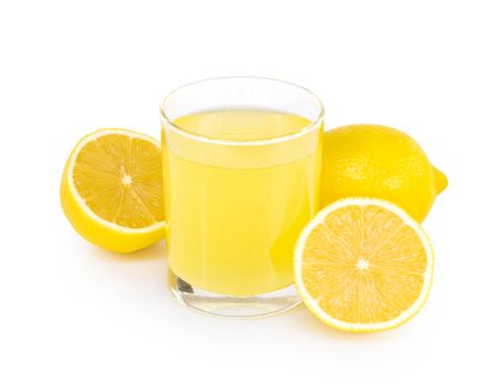 Closeup glass of lemon juice drink isolated on white background, food heathy concept