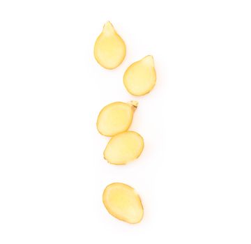 Fresh ginger root sliced on white background for herb and medical product concept