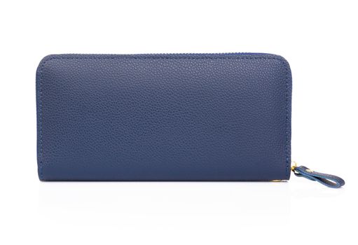 Closeup modern blue woman wallet fashion on white background