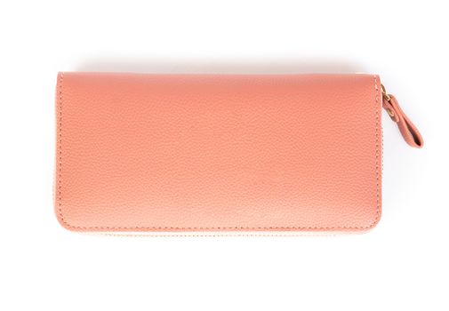 Closeup modern orange woman wallet fashion on white background