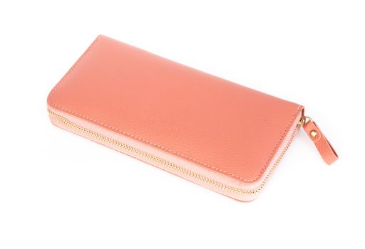 Closeup modern orange woman wallet fashion on white background