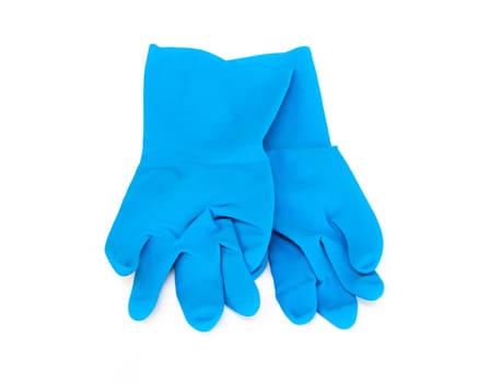 blue rubber gloves for cleaning on white background, workhouse concept