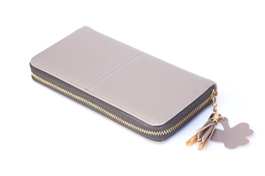 Closeup modern grey woman wallet fashion on white background