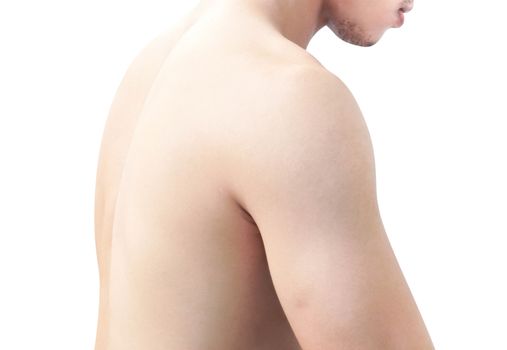 Closeup side view shoulder and back of body man on white background, health care and medical concept