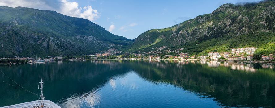 Approaching town of Kotor and the coastline of Gulf of Kotor in Montenegro