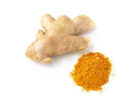 Fresh ginger root with sliced on white background for herb and medical product concept