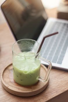 Iced matcha green tea latte, stock photo