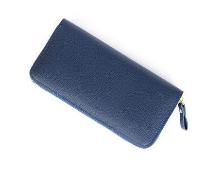 Closeup modern blue woman wallet fashion on white background