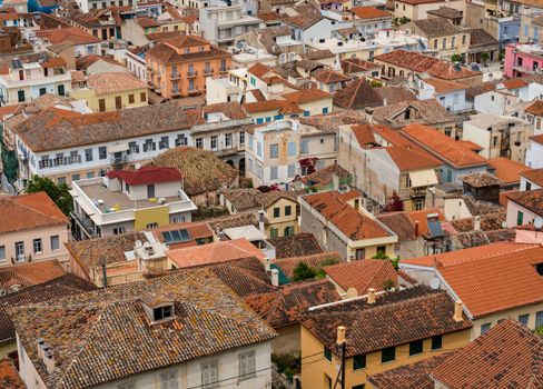 Aerial view over the old tiled roofs of the city of Nafplio in Greece