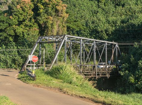 Famous steel girder bridge on the road to Hanalei from Princeville in Kauai