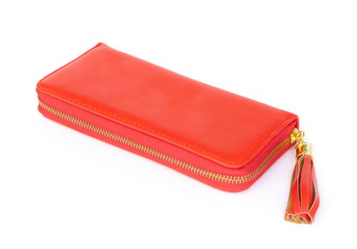 Closeup modern red woman wallet fashion on white background
