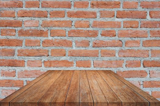 Perspective brown wooden on brick wall. product display template