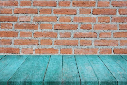 Perspective of blue top wooden on brick wall, stock photo