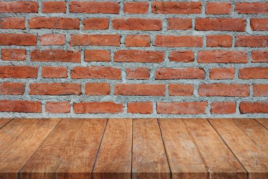 Perspective top wooden on brick wall. product display template