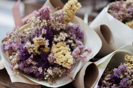 Dried flower bouquet at florist shop, stock photo