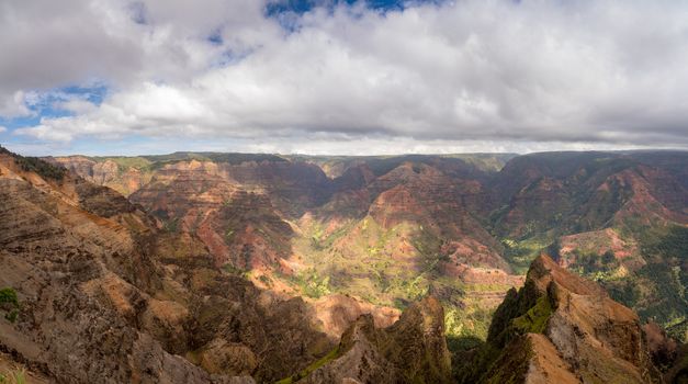 Colorful red rocks in the grand Waimea Canyon on the hawaiian island of Kauai