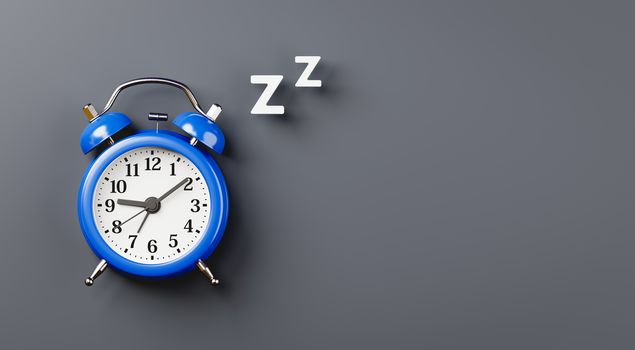 Blue Alarm Clock with two White Z letters on Dark Blue Gray Background with Copy Space 3D Illustration