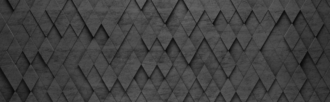 Wall of Black Rhombus Tiles Arranged in Random Height 3D Pattern Background Illustration