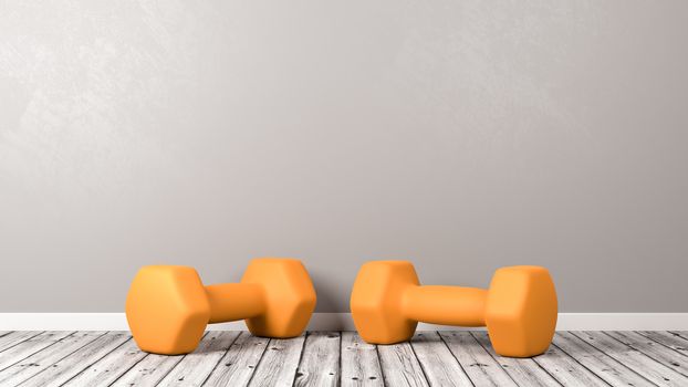 Two Orange Dumbbells on Wooden Floor in a Gray Wall Room with Copy Space 3D Illustration