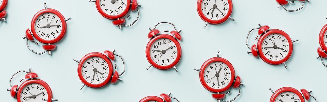 Many Red Alarm Clocks on Light Blue Background 3D Illustration