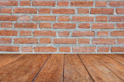 Perspective brown wood on brick wall, stock photo