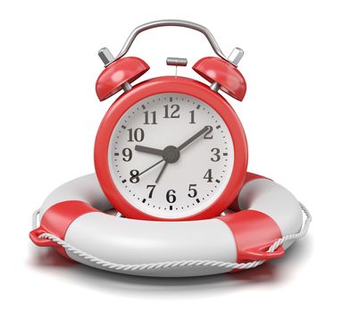 Red Alarm Clocks on a Lifebuoy on White Background 3D Illustration