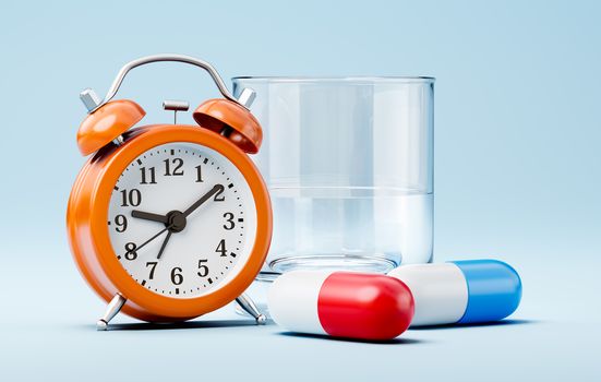 Two Red and Blue Pills, a Glass of Water and an Orange Alarm Clock on Light Blue Background 3D Illustration