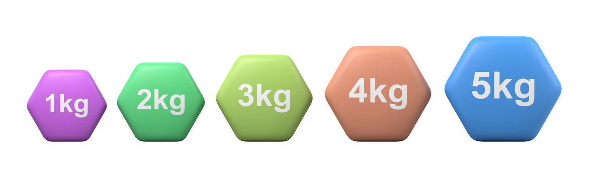 Set of Five Colorful Gym Weights 1 to 5 kilogram Isolated on White Background 3D Illustration