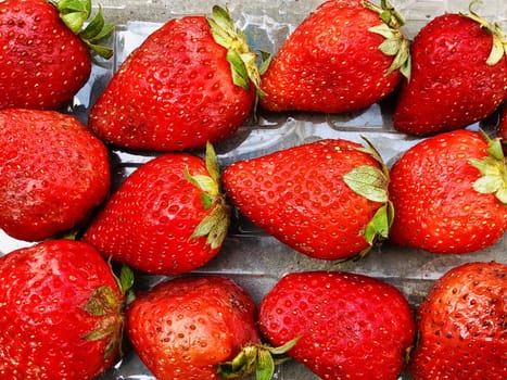 Beautiful view of red color strawberry fruit kept for sale in the market