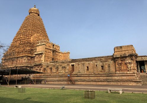 The Brihadisvara temple or Brihadeeswar temple located in Thanjavur, Tamilnadu built by Tamil King Raja Raja Chola-I between 1003 and 1010 AD. This is the Hindu temple built in Dravidian architecture style. The temple is entirely built with granite stones and the temple contains many monolithic sculptures in it. This temple is one of the `Great Living Chola Temples` and also tamil words are inscribed in the wall of the temple. This temple is dedicated to Lord shiva and it is a UNESCO World Heritage Site.