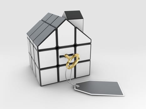 3d Rendering of house build of cubes with key, clipping path included