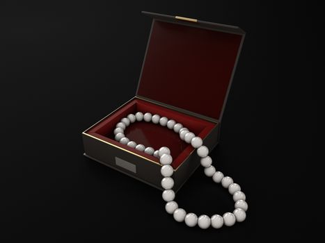 3d Illustration of open wood jewelry box with pearls.