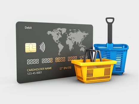 3d rendering of Credit card and shopping basket, clipping path included.