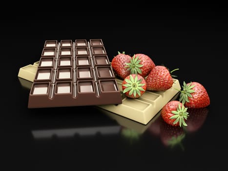 3d rendering of dark and white chocolate bars with strawberry isolated on black.