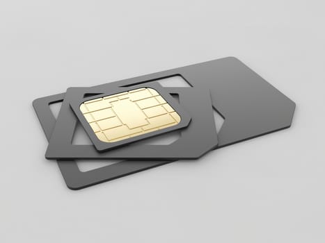 SIM card in different sizes, standard, micro and nano - 3D illustration, clipping path included.