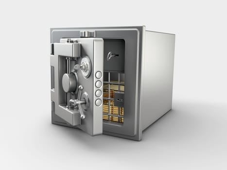 3d Rendering of Security metal safe with gold bars inside, clipping path include.