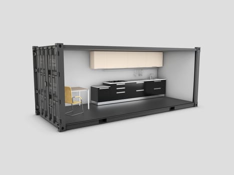 3d Illustration of Converted old shipping container into kitchen room, isolated gray.