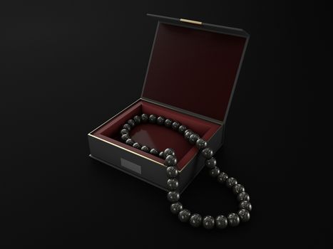 3d Illustration of open wood jewelry box with black pearls.