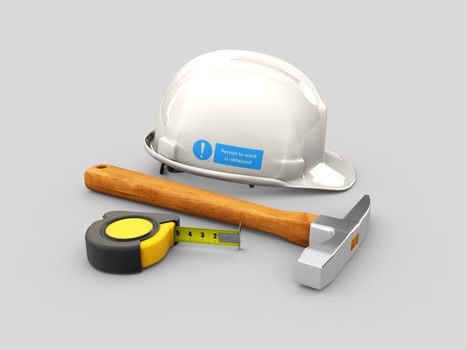 3d Illustration of Realistic Tape with hammer and Helmet isolated on gray background.