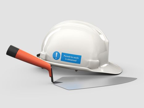 3d Illustration of Realistic Trowel and Helmet isolated on gray background.