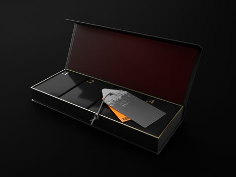 Opened Square Black Boxes Mockup with four square box in and with labels 3d Illustration.