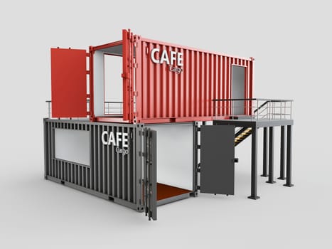 Converted old shipping container into cafe, 3d Illustration isolated gray.