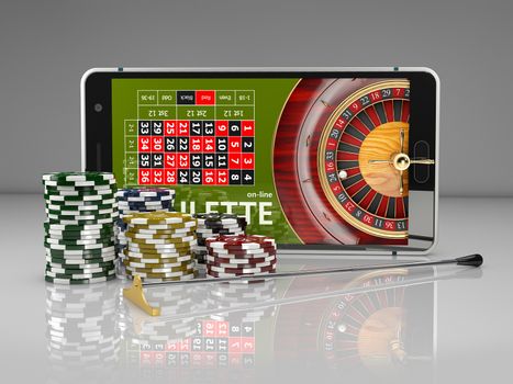 3d Rendering of Online Internet casino app, roulette with chips, gambling casino games