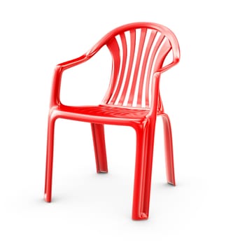 3d Rendering of Red plastic chair on a white background.