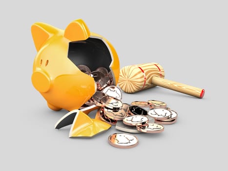 3d rendering of broken piggy bank with money.