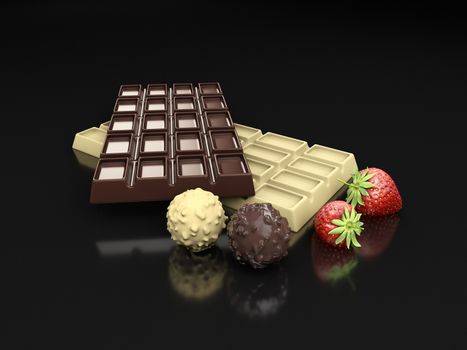 3d rendering of dark and white chocolate bars with strawberry isolated on black.