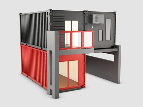 3d Illustration of Converted old shipping container into house, isolated gray.