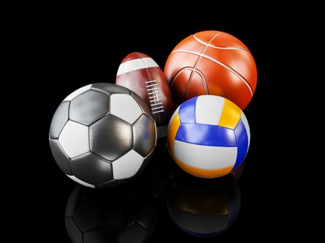 3d Illustration of Realistic sports balls, isolated black.