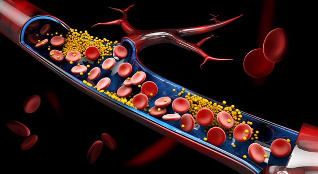 3d Illustration of blood cells with plaque buildup of cholesterol