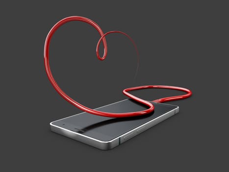 3d Illustration of Phone, wire, heart isolated dark color.